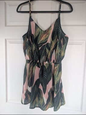 Tropical Leaf Print Spaghetti Strap Dress - Pink & Green
